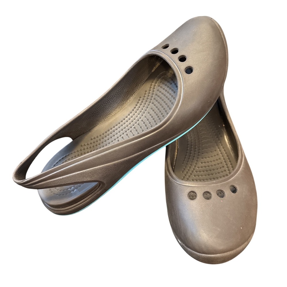 Crocs Rio Flat Women 11‎ Brown Aqua Slingback Pointed Toe Ballet Shoes
